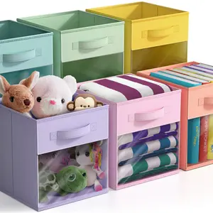 Sorbus 11" Cube Storage Bins with Window 6 Pack Pastel Set Lightweight Collapsible Laundry Basket for Household Organization