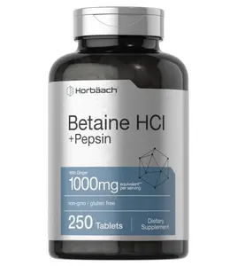 Horbäach Betaine HCl with Pepsin | 1000mg | 250 Tablets | Hydrochloride Supplement | with Ginger Root | Non-GMO, Gluten Free