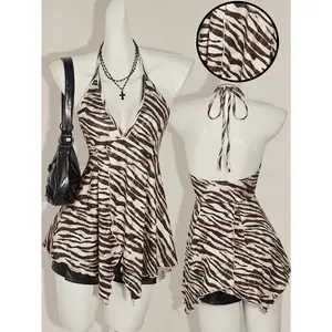 Women'S Csole, Summer Spaghetti Strap Tie-Back Top, Women'S Sexy Backless Halter Zebra Print Top, Summer Style