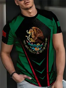 Men's Vintage Mexico Flag 3D Print T-Shirt, Casual Cultural Ethnic Galaxy Pattern Long Sleeve Top, All Seasons Fitted Design, Moderate Fabric