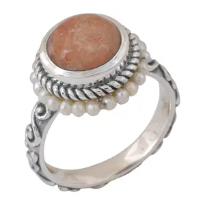 Artisan Crafted Sterling Sunstone & Cultured Pe arl Halo Ring