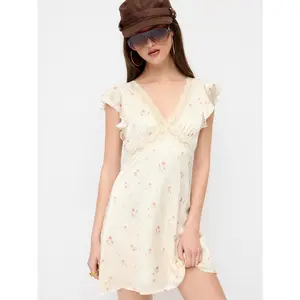 Cider Satin Floral V-neck Ruffle Sleeve Flared Mini Dress