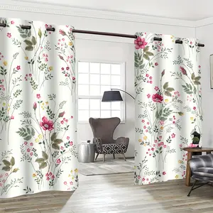 2D Flat 2pcs Set, Spring Floral Green Plant Flower Digital Print Living Room Curtains, 12pcss Living Room Furniture Decoration Perforated Curtains