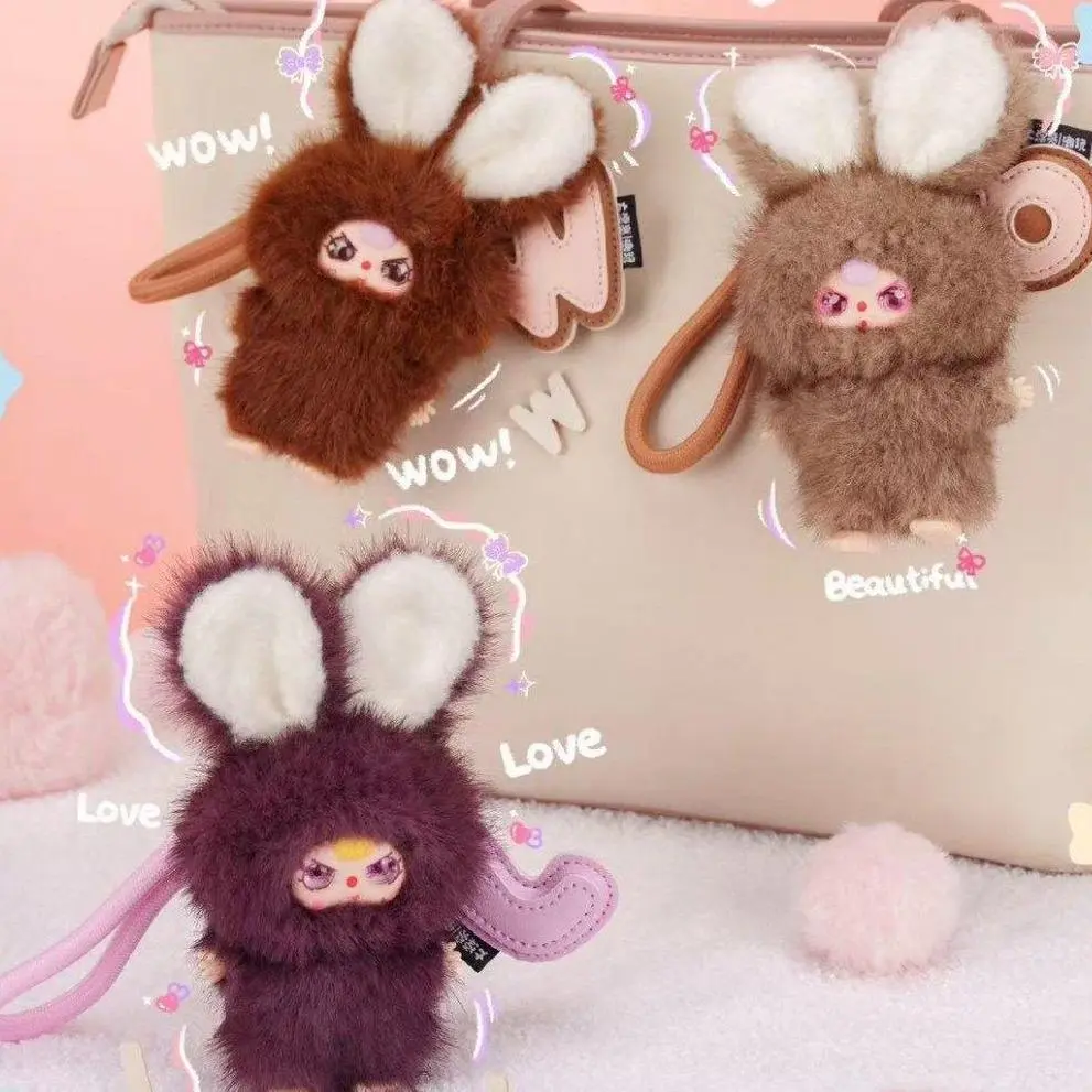 Babythree Super Mini Ultra-Soft Fluffy Fur Bunny Mystery Blind Box Collectible - Single Box(1 Pcs), Cute Keychain Accessory, Plush Keychains, Sparkly Eyes, Hanging Loop Handbag Charm, Kawaii