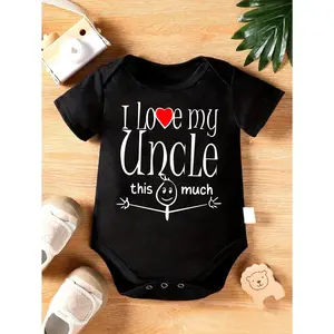 Cute Baby Bodysuit With I Love My Uncle This Much Print Soft Versatile Round Neck Button Detail Regular Fit All Seasons Knitted Fabric Onesie