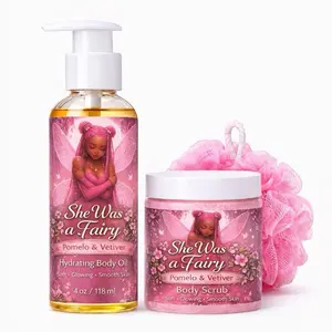 She Was a Fairy Body Oil & Body Scrub Set  Hydrating Body Oil for Glowing Skin + Exfoliating Body Scrub | Soft Smooth Skin, Dry Skin Repair, Moisturizing Skin Care Routine Pomelo Vetiver Cleanser Cleansing