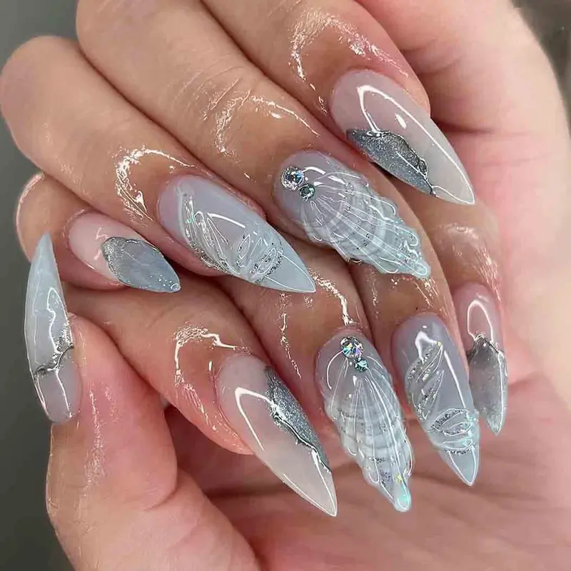 Long Press on Nail - Almond Fake Nails with 3D Design Blue Nails Glossy Full Cover Nails for Women 24 PCS