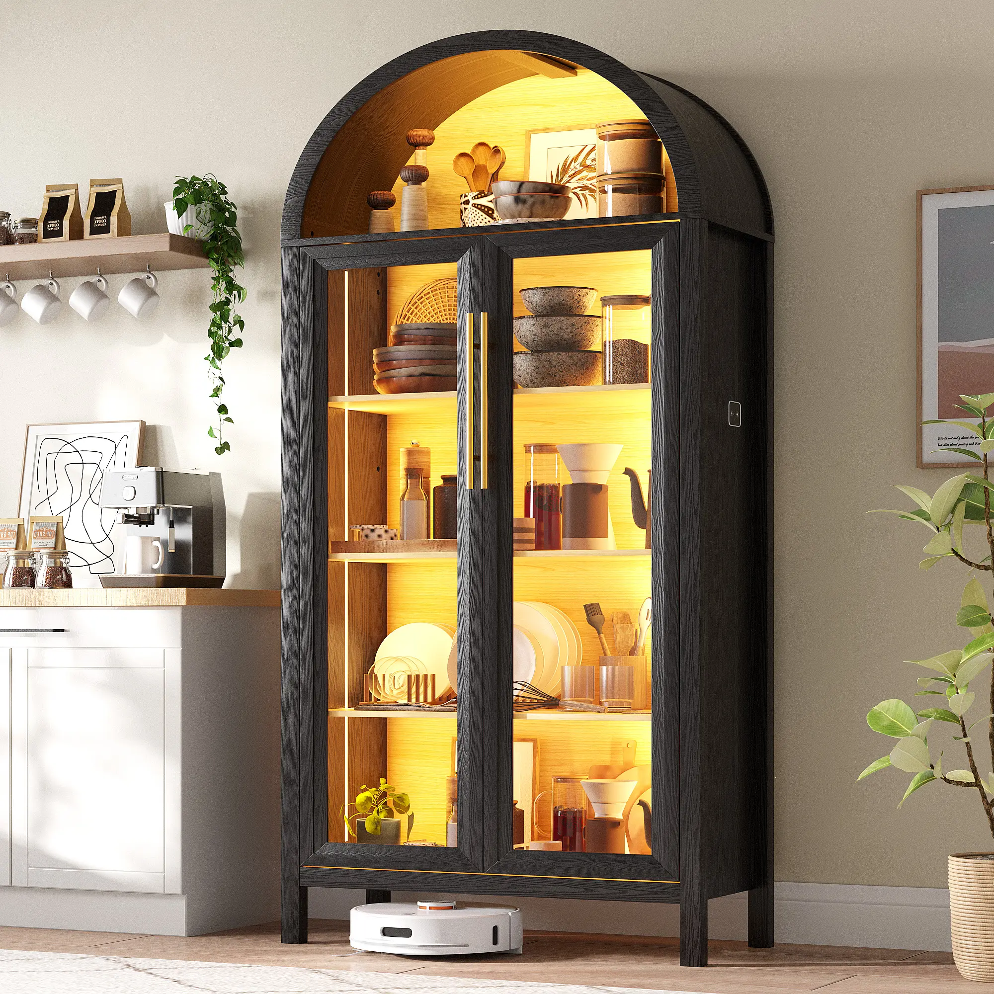 Dystler Arched Kitchen Pantry Cabinet with Glass Doors, Display Curio Case with 3 Color LED Lights for Collectibles, Modern 5-Tier Storage Hutch Cabinet for Kitchen, Dining Room, summerwins