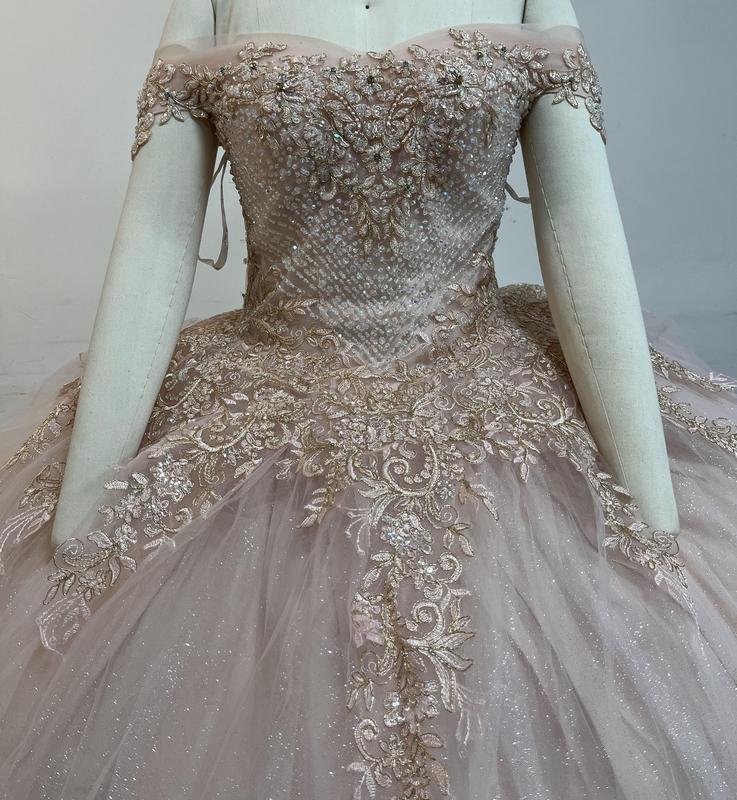 NO.55 Blush Champagne Offwhite Ball Gown Dress Crystal Beading and Sequin Appliqué Glitter Tulle Quinceañera Dress