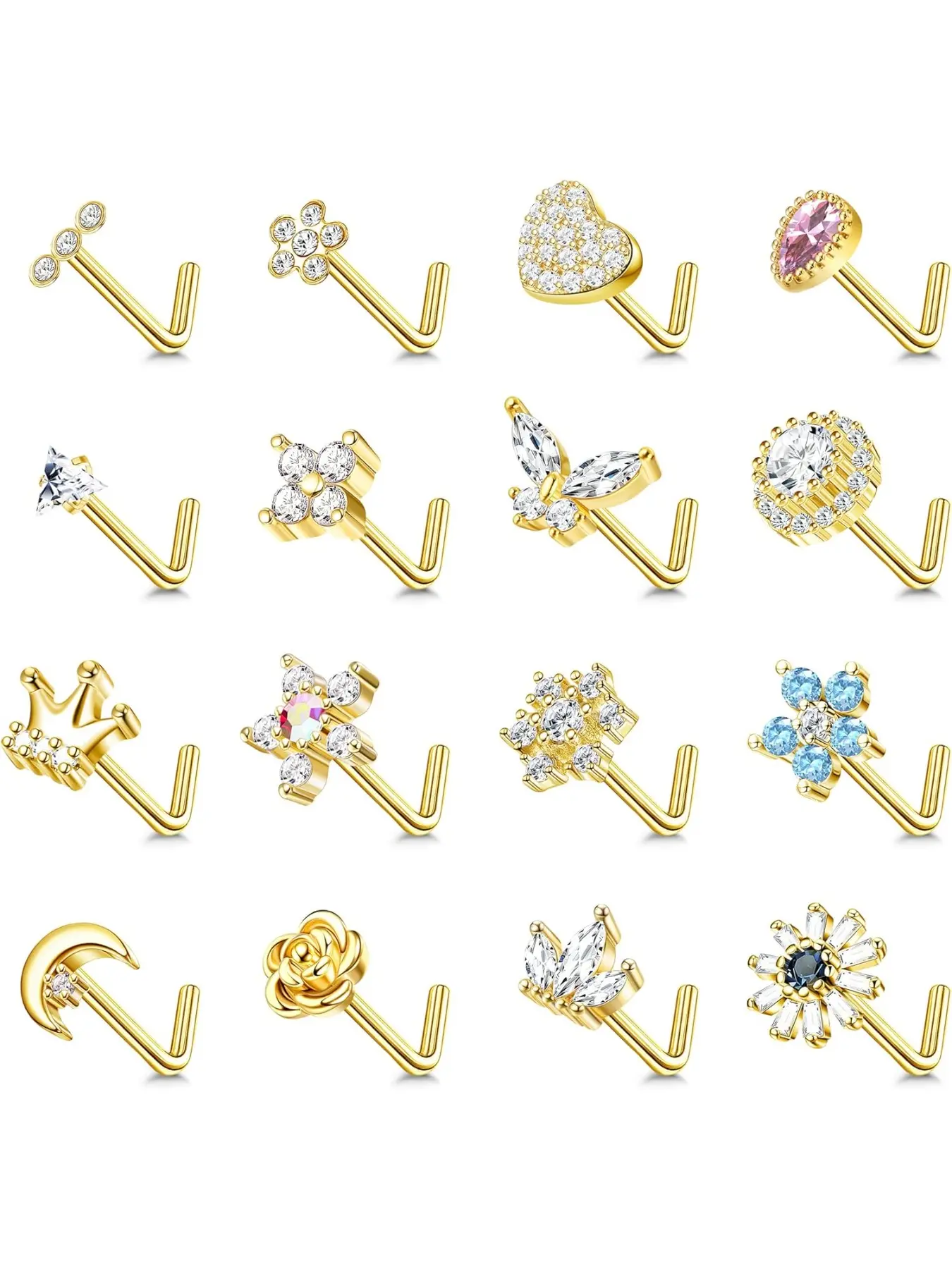 16 Pcs Silvery Rose Golden Nose Studs for Women Men Classic L Shape Nose Studs Stainless Steel Shining Cubic Zirconia Exquisite Heart Nose Studs Butterfly Flower Crown Shape Nose Studs Piercing Jewelry Set for Summer Vacation Nose Rings Set