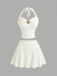 Women's Spring Summer Fashion Comfort Elegant Sexy Floral Decorated Halter Top and Wave Pattern Skirt Set