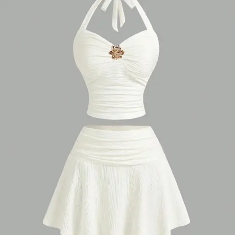 Women's Spring Summer Fashion Chic Comfort Fitted Elegant Sexy Floral Decorated Sleeveless Halter Top and Wave Pattern Skirt Outfit Fashion Clothes Set Womenswear