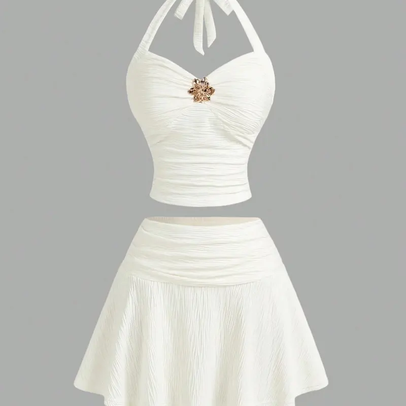 Women's Spring Summer Fashion Chic Comfort Fitted Elegant Sexy Floral Decorated Sleeveless Halter Top and Wave Pattern Skirt Outfit Fashion Clothes Set Womenswear