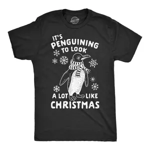 Mens It's Penguining to Look A Lot Like Christmas T Shirt Funny Holiday Penguin Xmas Tee Mens Funny T Shirts Cool Vintage Fashion T-Shirt Gift Classic Menswear Christmas Apparel for Men Novelty Tees for Guys Black -