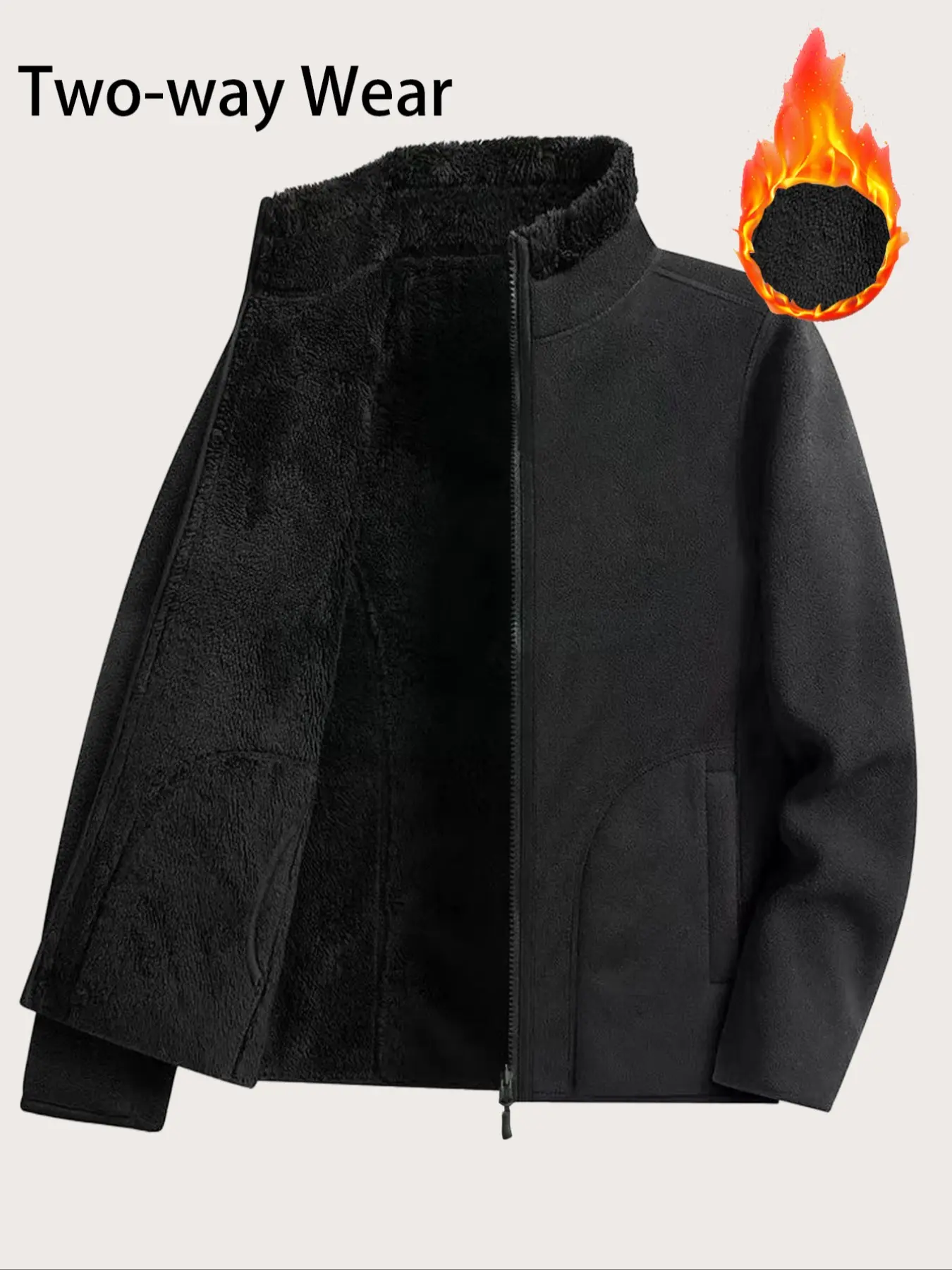Women's Fall Winter Reversible Fleece Fit Jacket, Zipper Pocket Design, Fashionable Solid Polar Fleece Coat, Outerwear, Perfect for Casual Daily Wear Womenswear Sleeve Basic