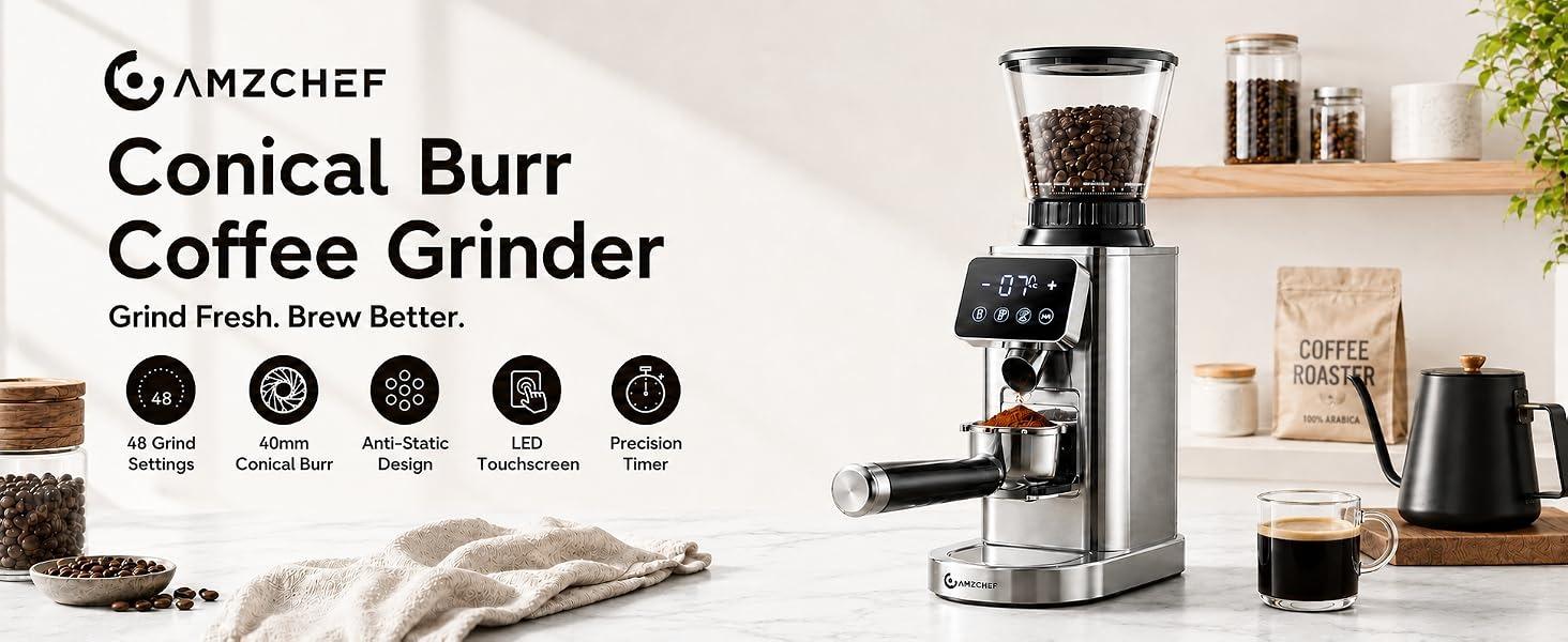 Stainless Steel Conical Burr Coffee Grinder - Anti-Static Burr Mill with Precision Timer, LED Touch Screen, 48 Settings, Grinding Control for Espresso, Pour Over, Cold Brew (Metallic Silver)