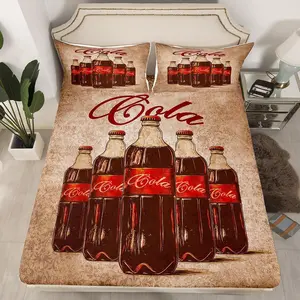 Kids Cola Bedding Set ,Vintage Fitted Sheet Drinks Bed Sheet Set Boys Girls Summer Holiday Teens Bedroom Decor Lightweight Bed Set (No Flat Sheet)