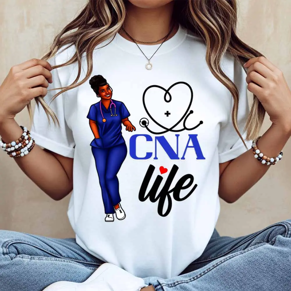 Cna Life Nurse With Stethoscope Heart Design T Shirt Women Casual Short Sleeve Top White