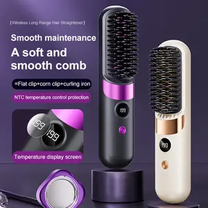 Portable Straightening Comb, Cordless Hair Straightener, Multifunctional Hair Straightener, Wireless Hair Straightener, 4 Adjustable Settings with Temperature Display, USB Charging, Travel Home Hotel Use