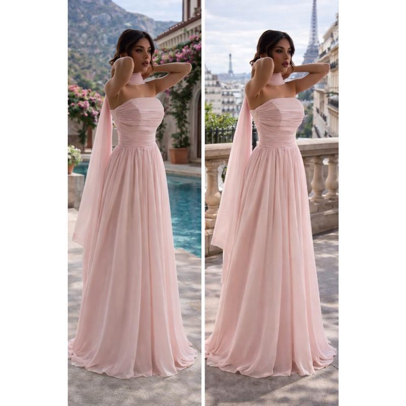 Long Tulle Dress in Pastel Pink with Chest Pleats and Lace-up Back