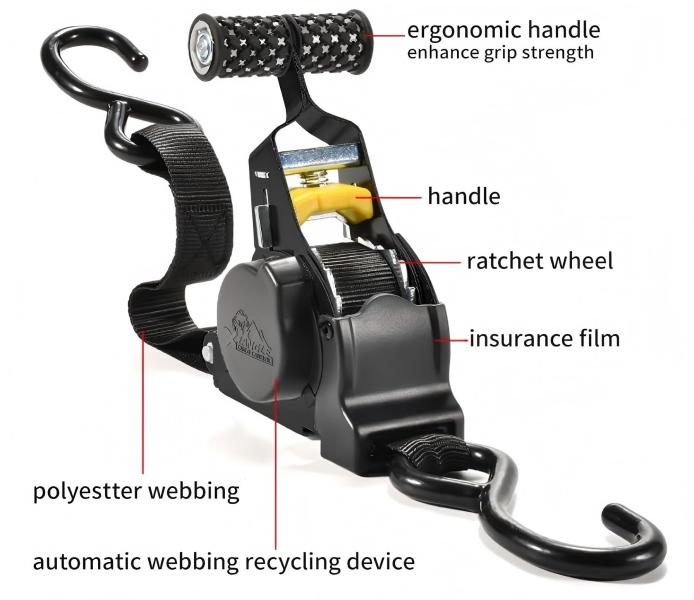 Heavy Duty Retractable Ratchet Tie Down Strap | 1in x 11ft Self Retracting Ratchet Strap with S Hooks for Truck Trailer ATV Motorcycle Cargo Securement