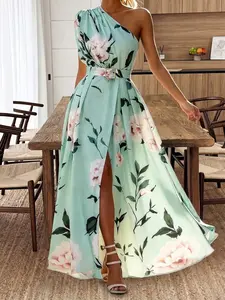 Plus Size Floral Print Dress, Off-Shoulder Long Dress with Belt, Side Slit Design, Perfect for Dates, Shopping, and Vacations