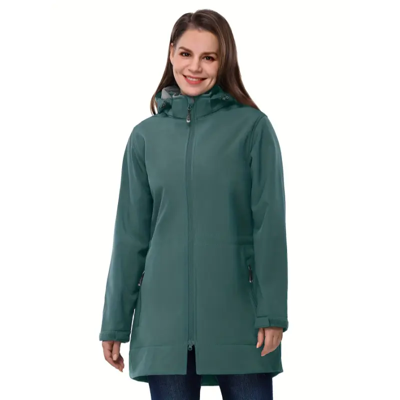 Women's Solid Hooded Windbreaker Jacket - Casual Fleece-Lined Long Sleeve Waterproof Fabric Coat for Fall Winter Sports, Zip, Plain, Machine Washable, Do Not Dry Clean, Woven