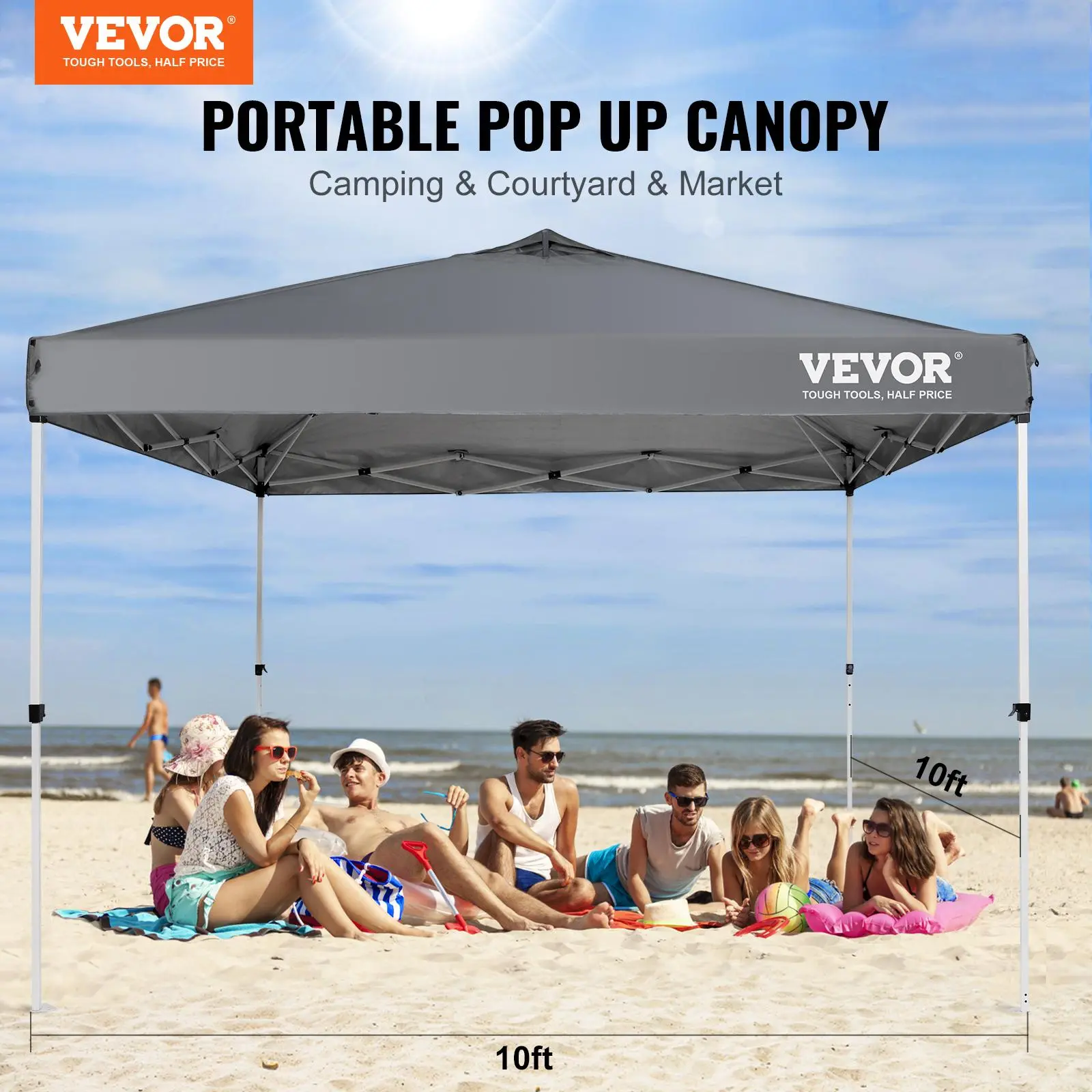 【Summerfinds】VEVOR Pop Up Canopy Tent, 10 x 10 ft, 250 D PU Silver Coated Tarp, with Portable Roller Bag and 4 Sandbags, Waterproof and Sun Shelter Gazebo for Outdoor Party, Camping, Commercial Events, Dark Gray