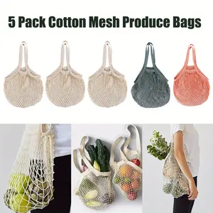 5PCS Cotton String Storage Shopping Bags, Ecology Reusable Washable Mesh Grocery Bag, Portable Long Handle Net Tote Storage Organizer