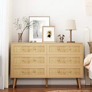 6 Drawer Rattan Dresser,48" Modern Double Dresser for Bedroom, Wide Chest of Drawers, Wood Storage Cabinet for Bedroom,Entryway, Living Room,Hallway Furniture drawer dresser