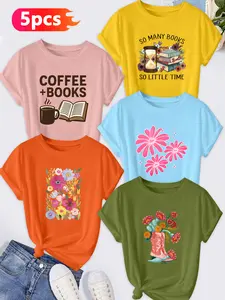 5-Pack Women's Crew Neck T-Shirts, Coffee & Books / Flower & Cowboy Boot Print Set, Multiple Colors Available, Machine Washable, Spring & Summer Top, Soft Skin-Friendly Fabric, Daily Versatile, Fashion Design