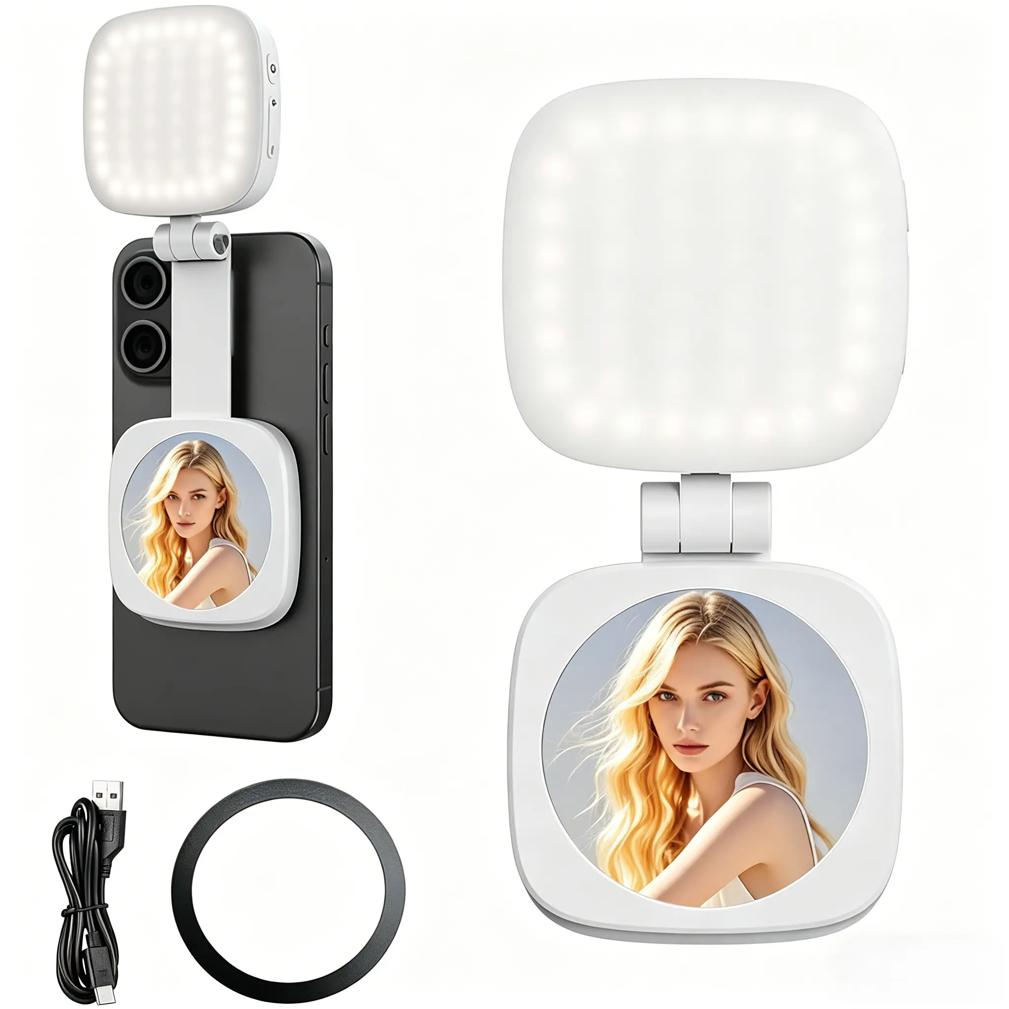 Magnetic Selfie Light Compatible with MagSafe iPhone, CRI95 700lx/0.3m Folding LED Phone Fill Ring Lighting with Mirror for Zoom Makeup Photography Recording Video Conference,White NL48B