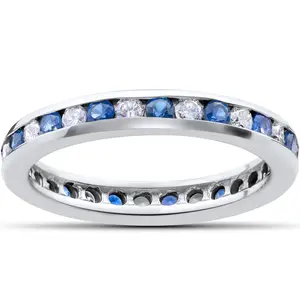 1 1/2ct Diamond & Sapphire Eternity Ring 14K White Gold