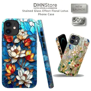 DHNStore Stained Glass Effect Floral Lotus Phone Case for iPhone 17 Pro Max 16 Plus 15 14 13 Mini 12 11 Samsung Galaxy S25 Artistic Mosaic Lily Graphic Cover Boho Blue Glass Flower Case, Crystal, Accessories