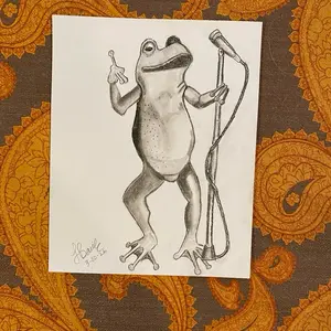 Jester Frog Charcoal 9 x 12 Artwork - Unique Design with Microphone and Handheld Item