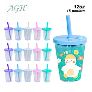 AGH US 12 oz Kids Leak-Proof Snow Globe Double Wall Plastic Tumbler Cups with Mixed Color Lids & Bubble Tea Straws for Custom DIY 15pcs/carton