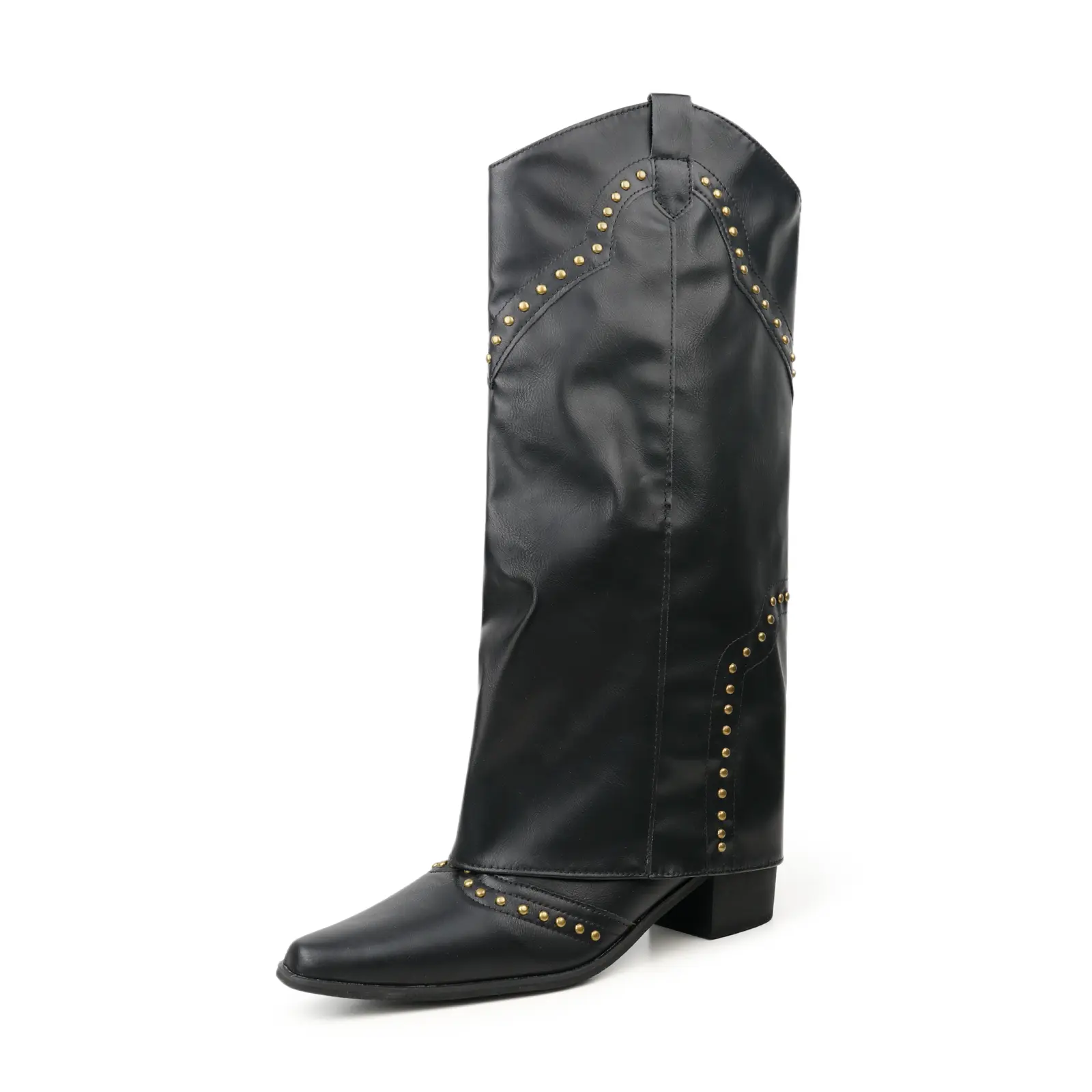 【Calf Friendly】EVELLYHOOTD Mid-Calf Fold-Over Women's Cowboy Boots Chunky Heel Snip-Toe Studded Pull-On Fashion Shoes Side Cowgirl Boots