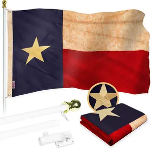 G128 Combo Pack: 5 Ft Tangle Free Aluminum Spinning Flagpole (White) & Texas Tea-Stained Flag 2.5x4 Ft, ToughWeave Pro Series Embroidered 420D Polyester | Pole with Flag Included