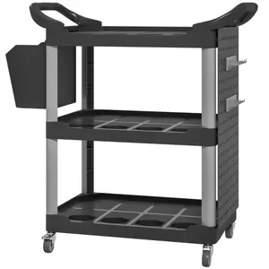 3 Tier Utility Cart on Wheels, Rolling Tool Storage with Pegboards and Bucket, 200 LBS Load Capacity Plastic Service Cart for Garage, Warehouse, Workshop, Black and Gray
