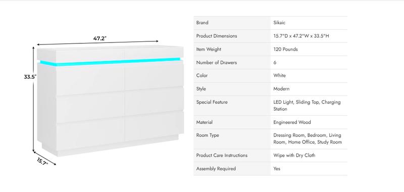 Sikaic LED Lights Dresser for Bedroom with Charging Station and Sliding Desktop Drawers Large Storage Tower Clothes Organizer Cabinet Apartment Furniture