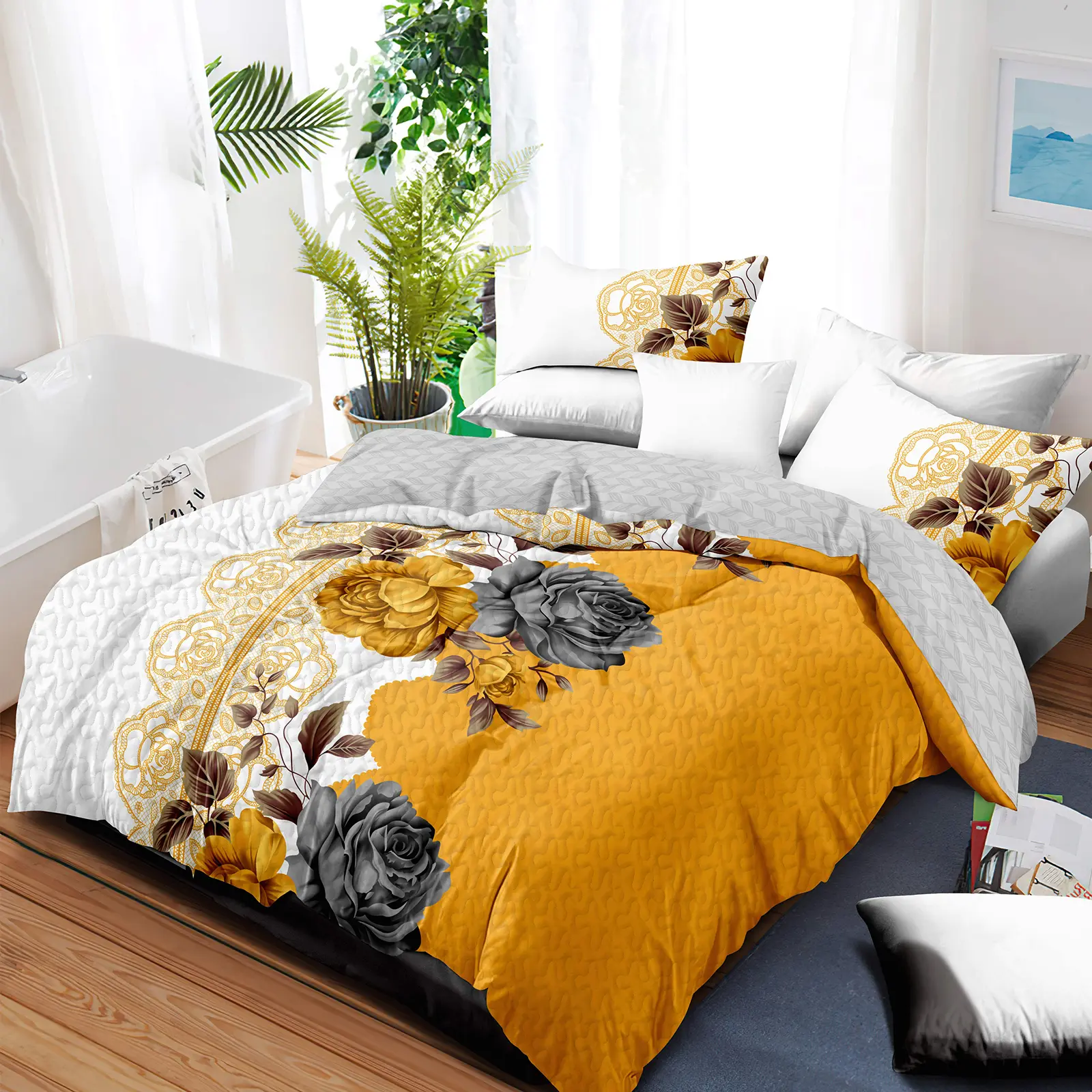 Yellow Vibrant Floral 5-Piece Comforter Set In A Bag - Wrinkle Resistant Viscose Microfiber Bedding Set, All Season Cooling Breathable, Includes Pillowcases & Decorative Cushion Covers, Master Bedroom Inspo Glam Look Sunshine Vibes