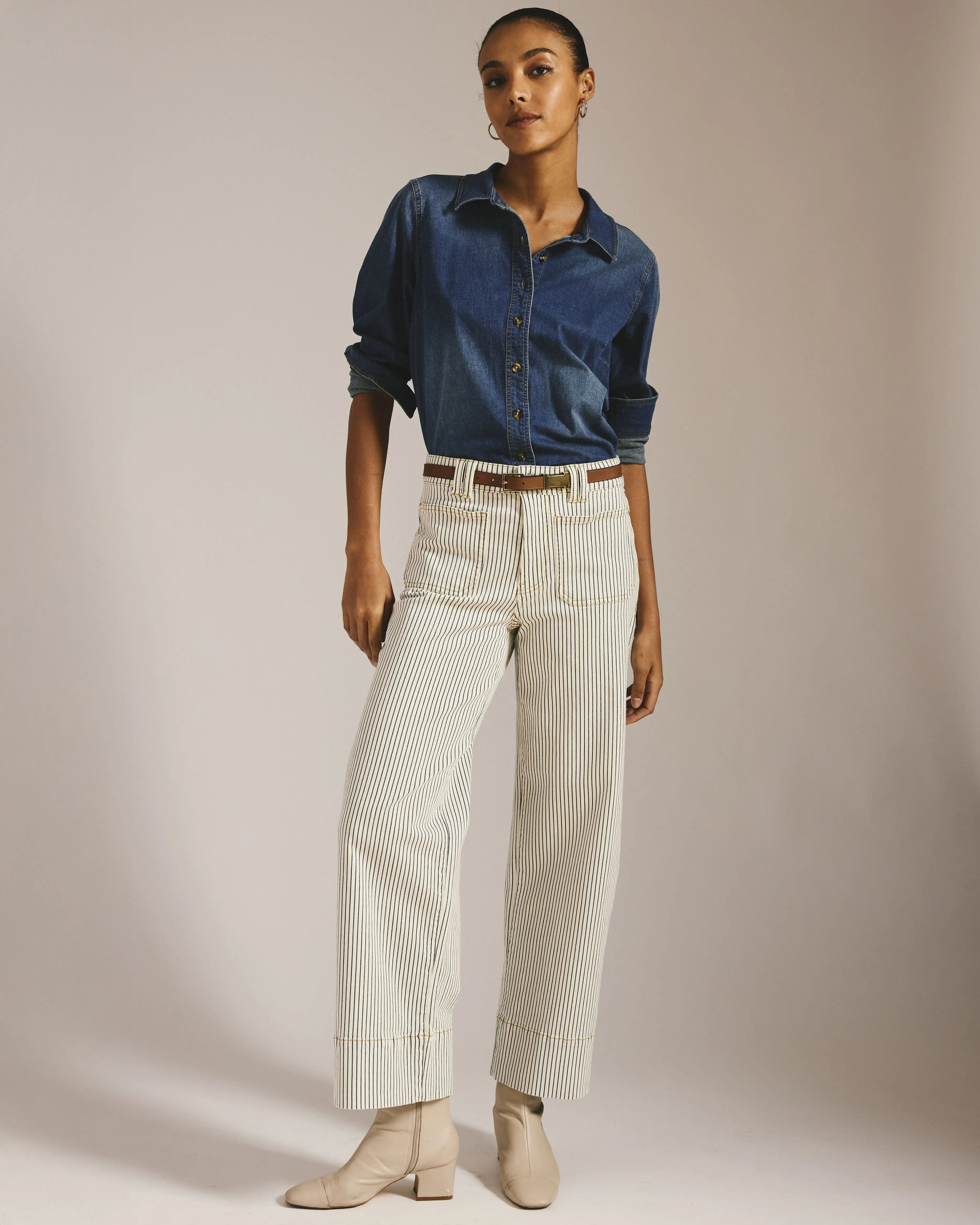 Women's Claudia High-Rise Railroad Stripe Lady Jeans - Sailor-Style Stretch Denim Bottoms with Looser Fit, Fitted, Pants, Sailor-Cut, Clothes, High Waisted Wide Leg Jeans, Loose Legs, Sculpting Jeans, Relaxed Jeans