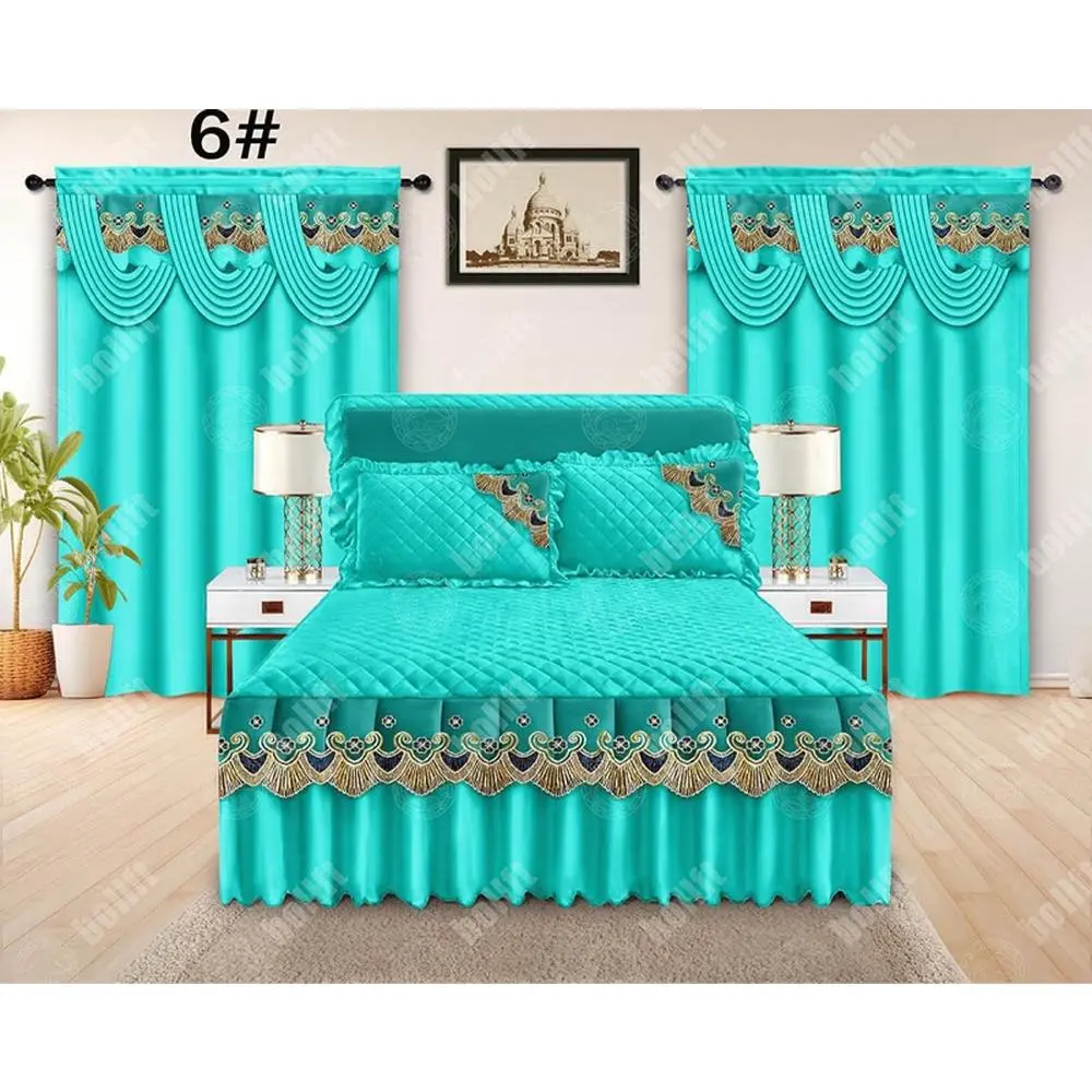 Bed Skirts 5 Pcs - Turquoise with Peacock Design, 6# Model, Perfect for Bedroom Decor