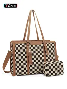 Laptop Bag for Women 15.6 inch Lightweight Laptop Grid Tote Bag,Checked Crossbody bag,Large Capacity Computer bag with Clutch Purse for Business, Work, Office, Travel, School,Casual