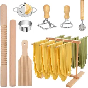 9 PCS Wood Pasta Making Kit with Pasta Drying Rack, Pasta Roller, Gnocchi Board, Ravioli Cutter Pasta Making Tools Accessories