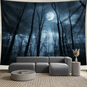1pc Extra Large Black and White Forest Moon Night Scene Tapestry - High-Definition Aesthetic Wall Hanging, Polyester Fabric, Ideal for Living Room, Bedroom, Dorm Decor - Includes Free Hanging Clip, Moon Decor