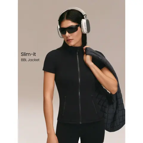 GLOWMODE FeatherFit BBL Slim-Fit Short-Sleeve Zippered Side Pockets Zip-Up Jacket Buttery-Soft Sweat-Wicking Stretchy Yoga Pilates Studio Daily Active Wear