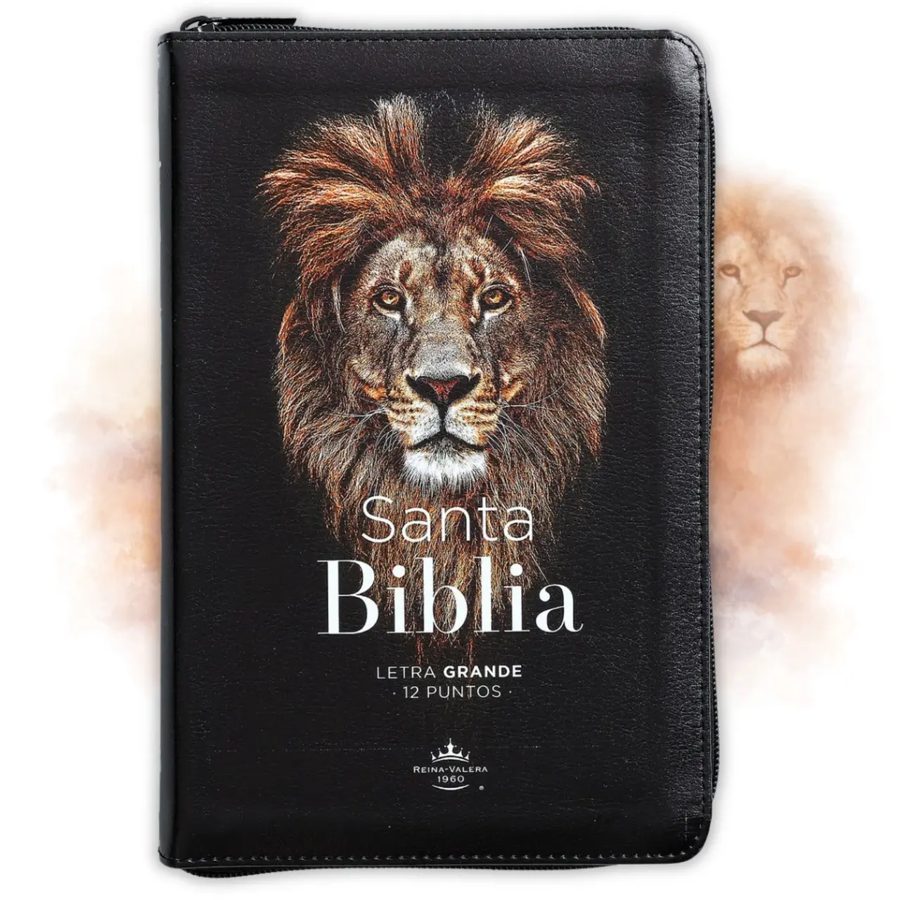 CLARAMENTE CRISTIANO Holy Bible in Spanish, Reina Valera 1960, 12-Point Large Font, Black Imitation Leather Soft Cover Book, Zipper Closure, 1648 Pages, Ryle Introductions, Maps of Bible Times, The Lion of the Tribe of Judah Has Conquered