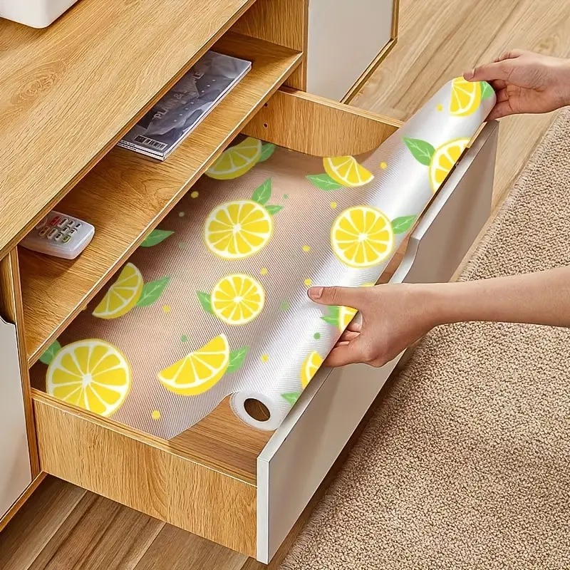 Eva Kitchen Cabinet Liner, Non-Stick Waterproof Oil-Resistant, Lemon with Leaves Design, Easy Clean Durable Shelf Protector, Anti-Slip Home Storage, Pantry Shelf Cover