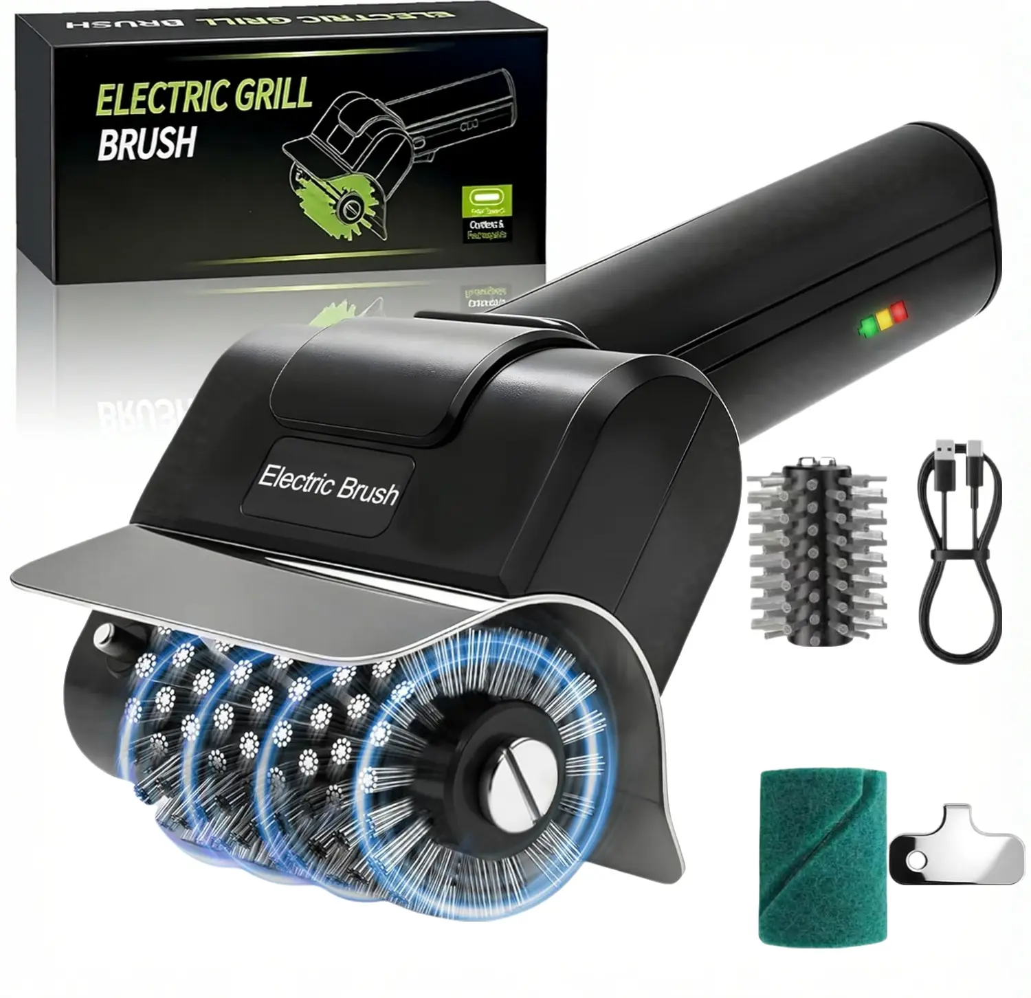 Cordless USB Rechargeable Electric BBQ Cleaning Brush - High Speed Motor, Heavy-Duty Stainless Steel Bristles, Replaceable Detachable Head, Automatic Grate Cleaner, Scouring Pad, Scratch-Resistant Gloves, Grilling Accessories for Fathers, Husbands
